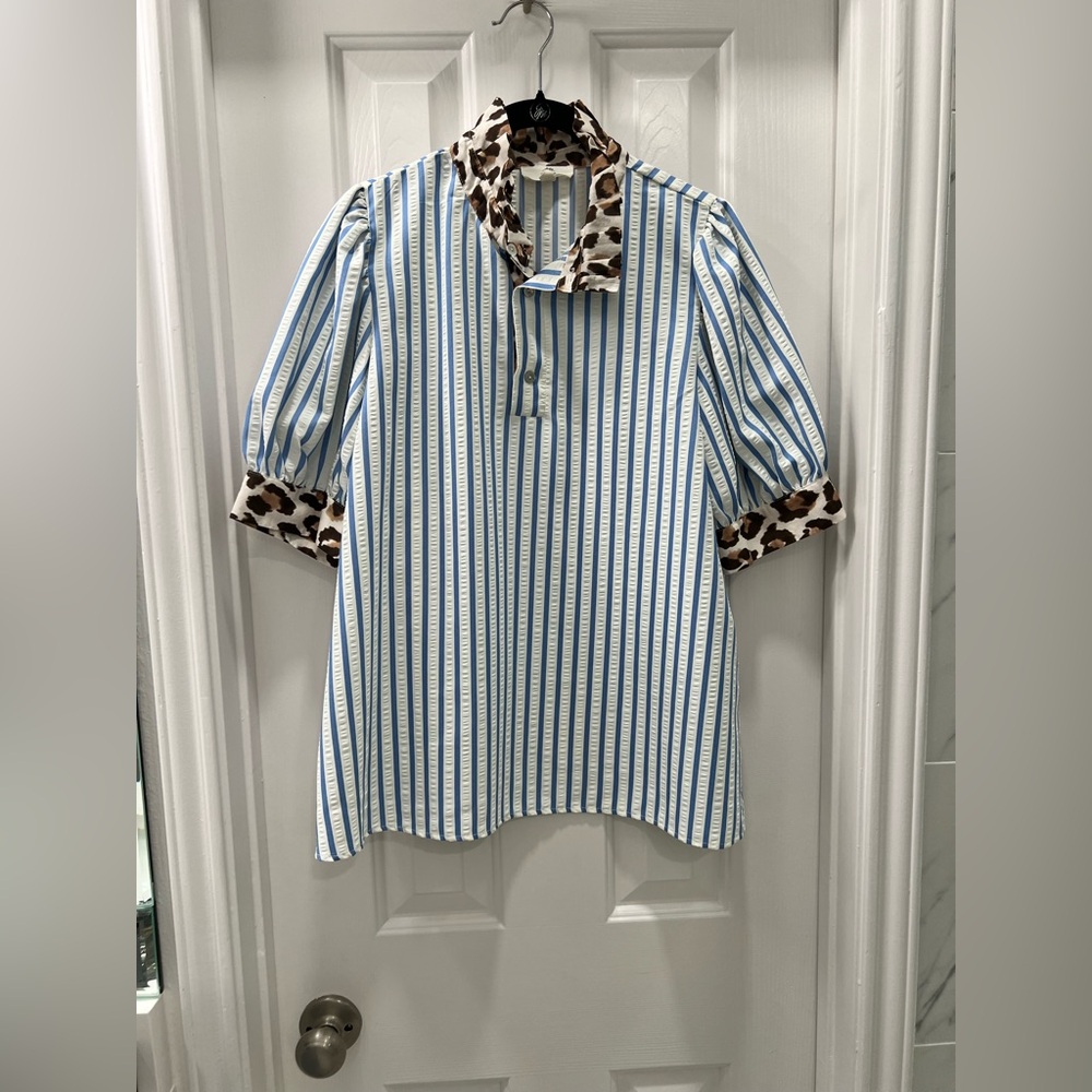 Entro Striped Blue and White Blouse with Leopard Accents